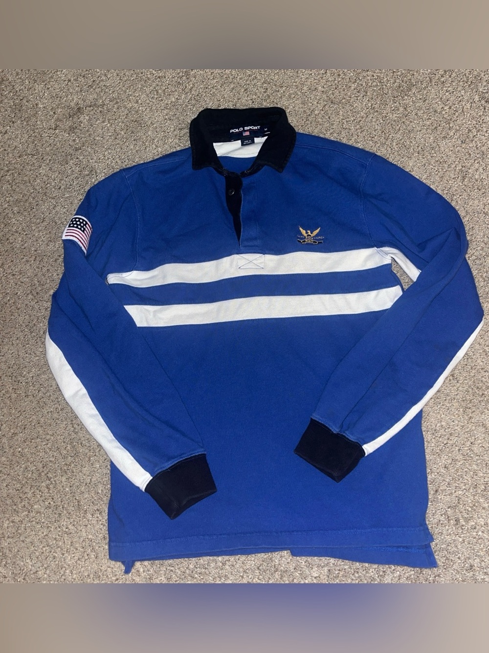 Vtg Polo Sport Ralph Lauren Rugby Shirt Flag Patch Striped Crest Longsleeve Rare